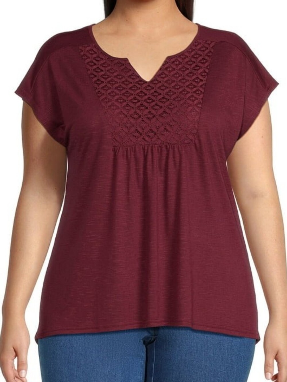 Real Size Women's Plus Crochet Bib Tunic Top — Burgandy, 3X